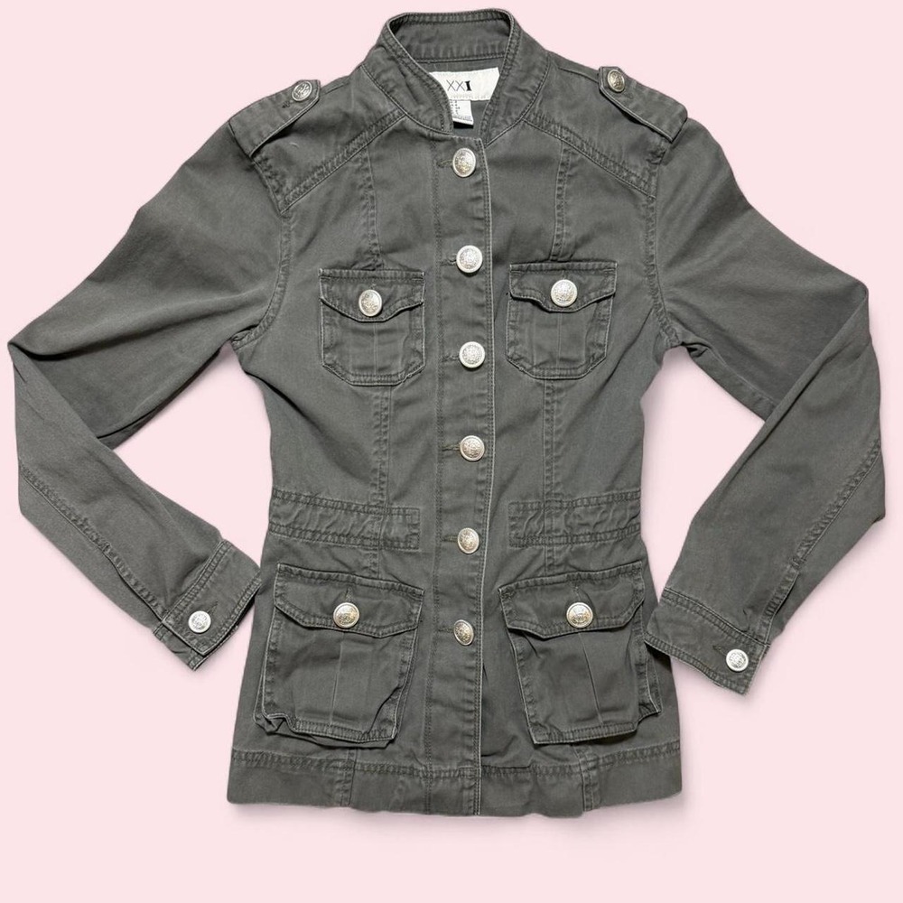 Forever 21 Green Grey Military Cotton Napoleon Jacket Silver Buttons Y2K XXS 4